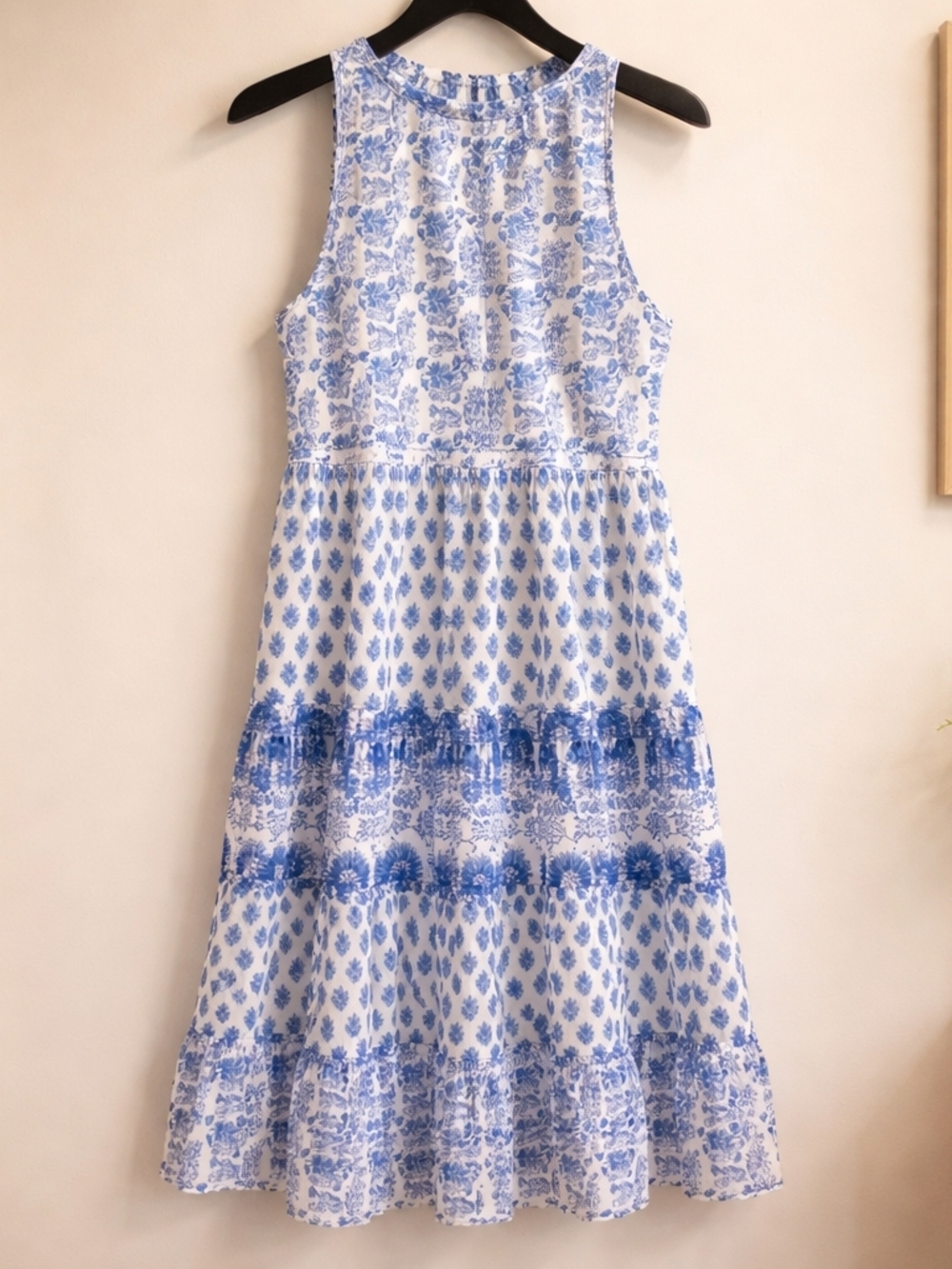 Calypso Blue & White Boho Printed Maxi Dress Sleeveless Tiered Size Small - Picture 11 of 14